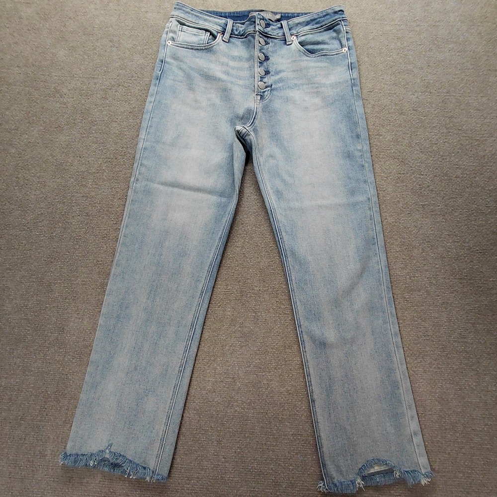 Just USA Women's Blue 31/12 Mid Rise Light Wash Jeans Raw Hem Button Fly Stretch